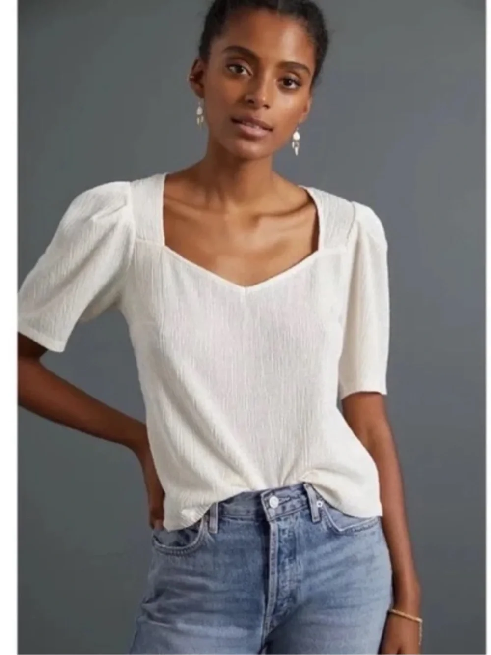 Like New Anthropologie Cream Textured Square-Neck Puff Sleeve Top